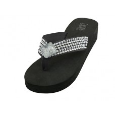 W755L-BB - Wholesale Women's "EasyUSA" Wedge Rhinestone Thong Sandals ( *Black Color )